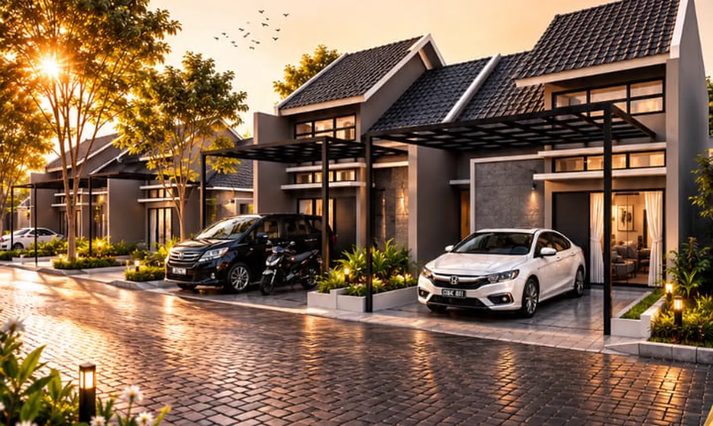 Ilustrasi deretan rumah Type Avena saat sore
